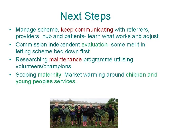 Next Steps • Manage scheme, keep communicating with referrers, providers, hub and patients- learn Next Steps • Manage scheme, keep communicating with referrers, providers, hub and patients- learn