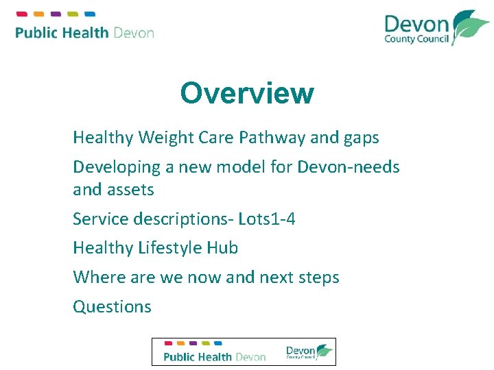 Overview Healthy Weight Care Pathway and gaps Developing a new model for Devon-needs and Overview Healthy Weight Care Pathway and gaps Developing a new model for Devon-needs and