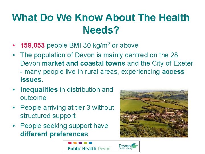 What Do We Know About The Health Needs? • 158, 053 people BMI 30 What Do We Know About The Health Needs? • 158, 053 people BMI 30