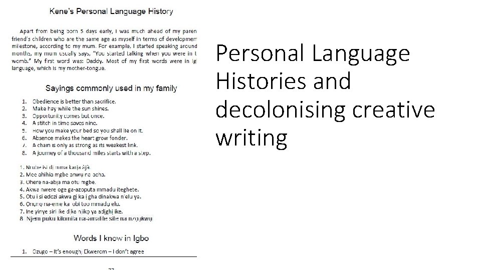 Personal Language Histories and decolonising creative writing 