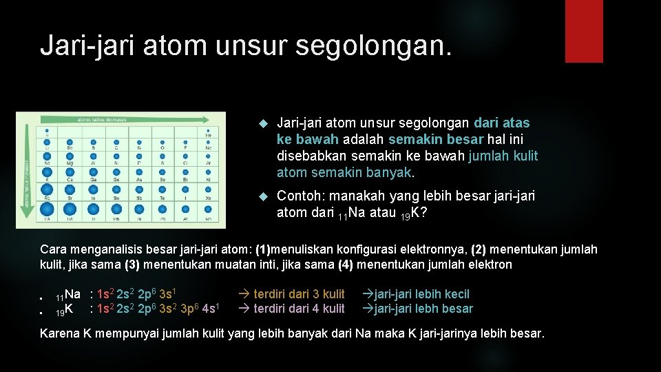 Jari-jari atom unsur segolongan dari atas ke bawah adalah semakin besar hal ini disebabkan