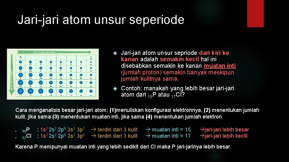 Jari-jari atom unsur seperiode Jari-jari atom unsur sepriode dari kiri ke kanan adalah semakin