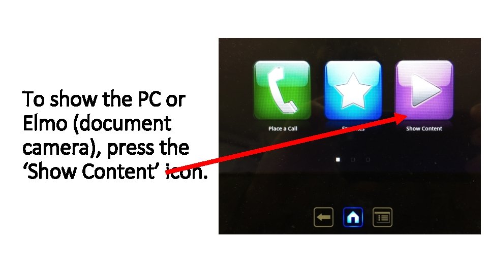 To show the PC or Elmo (document camera), press the ‘Show Content’ icon. 