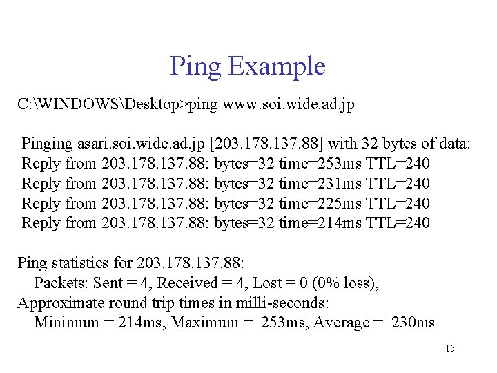 Ping Example C: WINDOWSDesktop>ping www. soi. wide. ad. jp Pinging asari. soi. wide. ad.