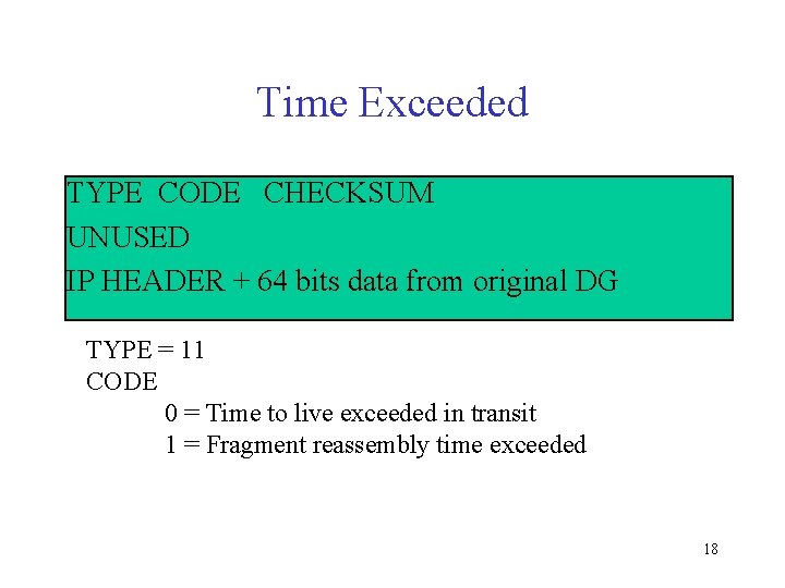 Time Exceeded TYPE CODE CHECKSUM UNUSED IP HEADER + 64 bits data from original