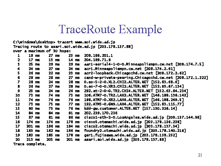 Trace. Route Example C: windowsdesktop> tracert www. soi. wide. ad. jp Tracing route to