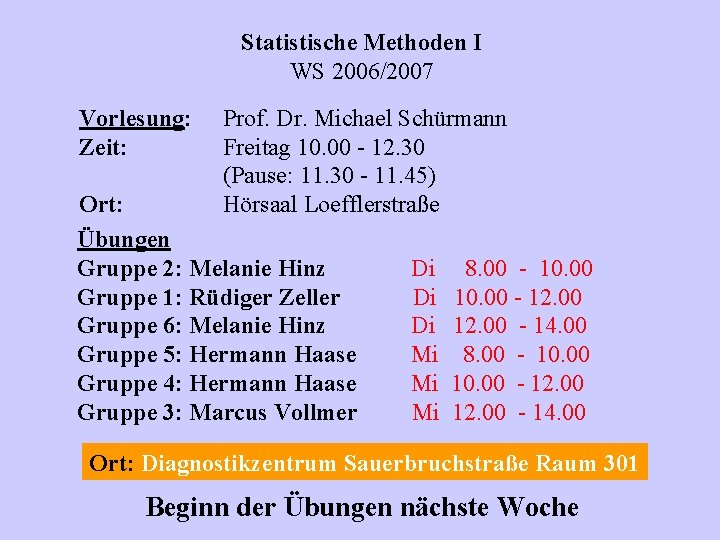 Statistische Methoden I WS 2006/2007 Vorlesung: Zeit: Prof. Dr. Michael Schürmann Freitag 10. 00