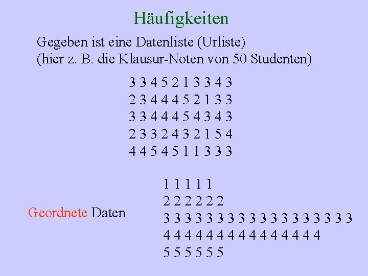 Häufigkeiten Gegeben ist eine Datenliste (Urliste) (hier z. B. die Klausur-Noten von 50 Studenten)