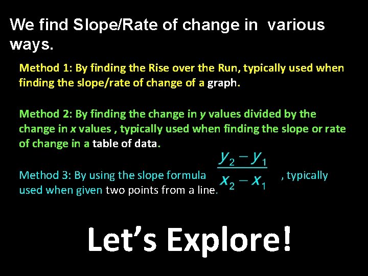 We find Slope/Rate of change in various ways. Method 1: By finding the Rise