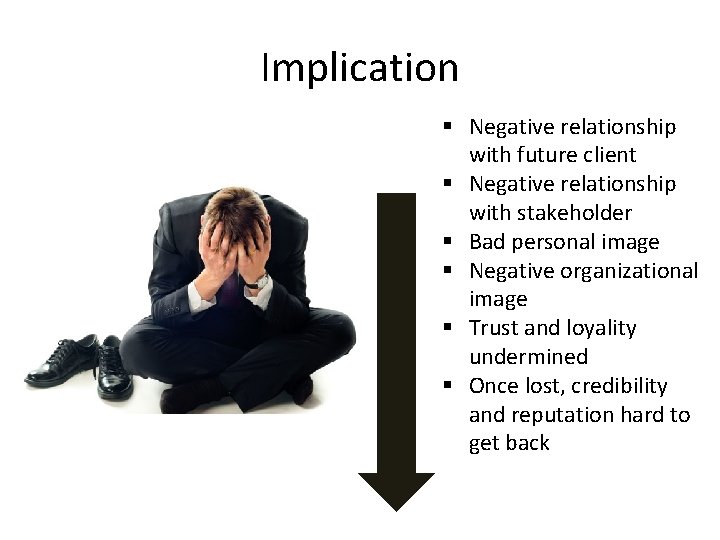 Implication § Negative relationship with future client § Negative relationship with stakeholder § Bad