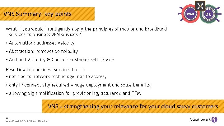 Retail store or central warehouse VNS Summary: key points WAN DC What if you