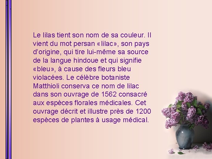 Le lilas tient son nom de sa couleur. Il vient du mot persan «lilac»