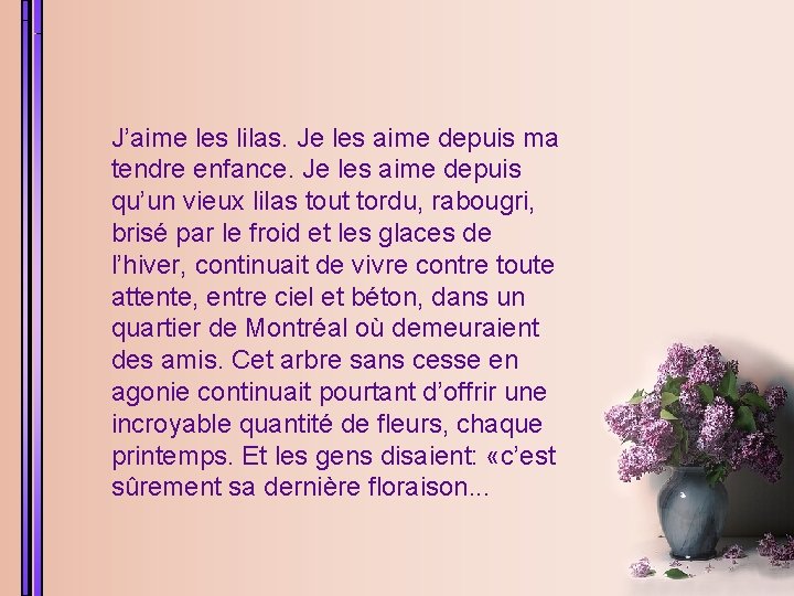 J’aime les lilas. Je les aime depuis ma tendre enfance. Je les aime depuis