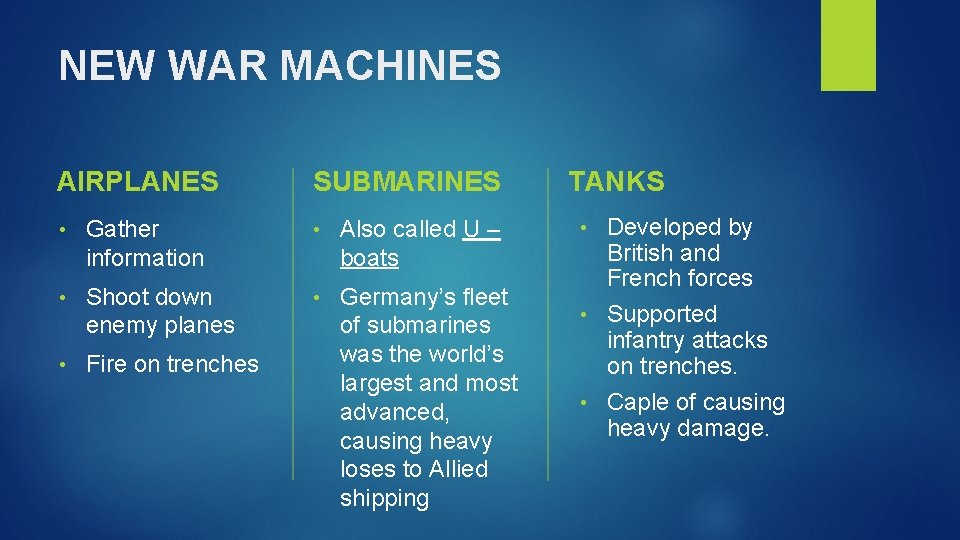 NEW WAR MACHINES AIRPLANES SUBMARINES • Gather information • Also called U – boats