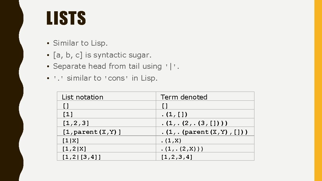 LISTS • Similar to Lisp. • [a, b, c] is syntactic sugar. • Separate