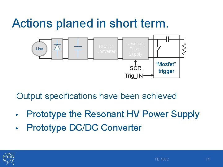 Actions planed in short term. Line DC/DC Converter Resonant Power Supply SCR Trig_IN “Mosfet”