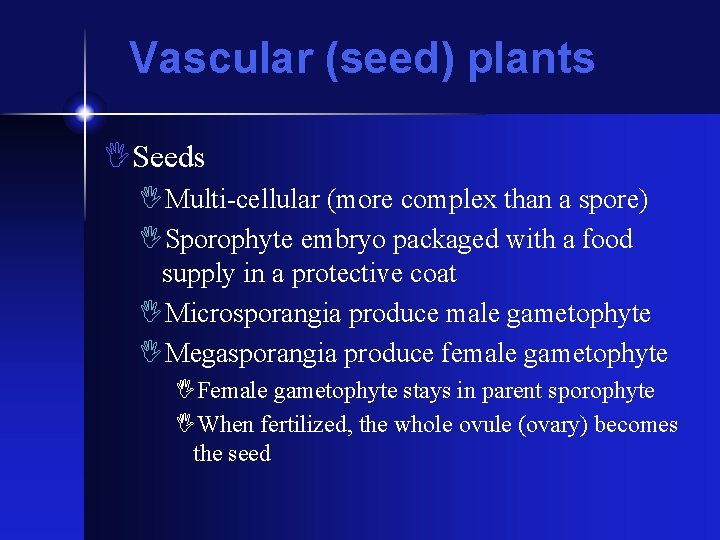 Vascular (seed) plants ISeeds IMulti-cellular (more complex than a spore) ISporophyte embryo packaged with