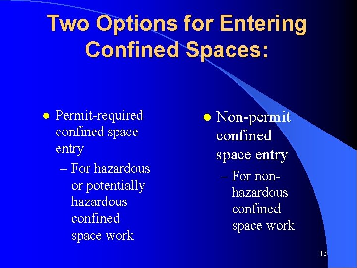 Two Options for Entering Confined Spaces: l Permit-required confined space entry – For hazardous