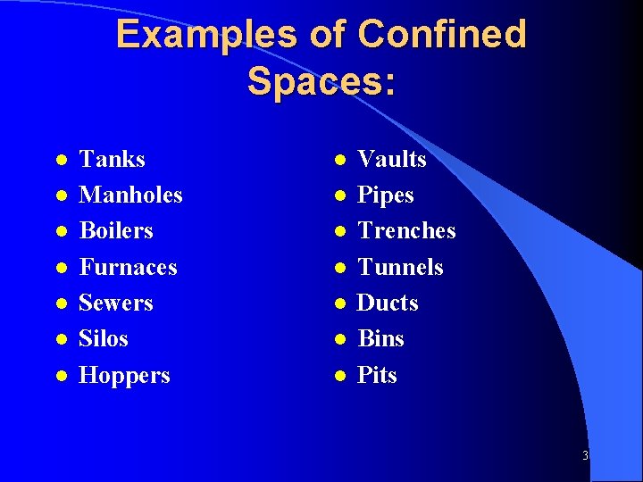 Examples of Confined Spaces: l l l l Tanks Manholes Boilers Furnaces Sewers Silos