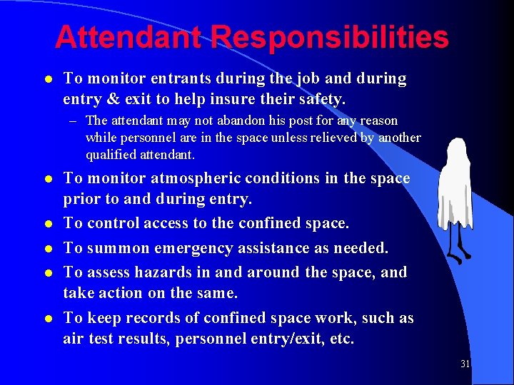 Attendant Responsibilities l To monitor entrants during the job and during entry & exit