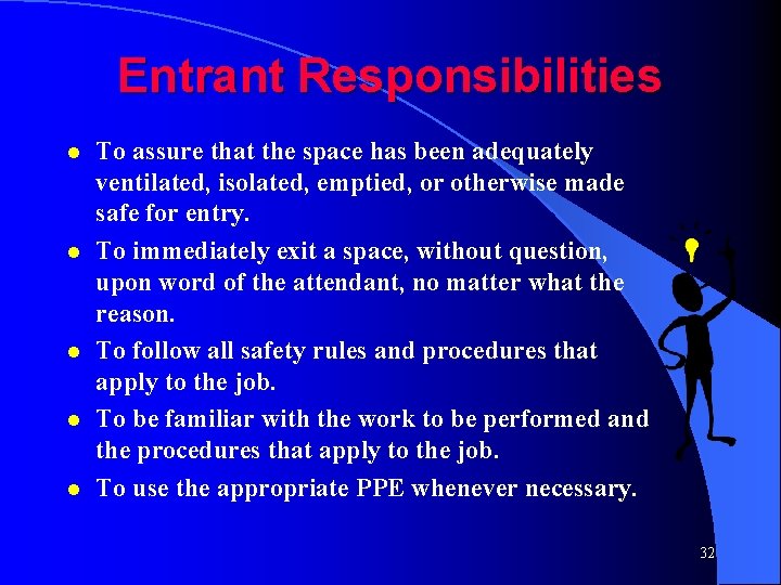 Entrant Responsibilities l l l To assure that the space has been adequately ventilated,