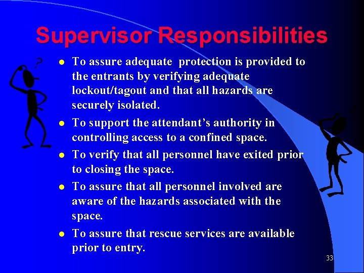 Supervisor Responsibilities l l l To assure adequate protection is provided to the entrants