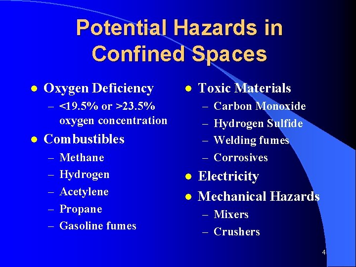 Potential Hazards in Confined Spaces l Oxygen Deficiency l – <19. 5% or >23.