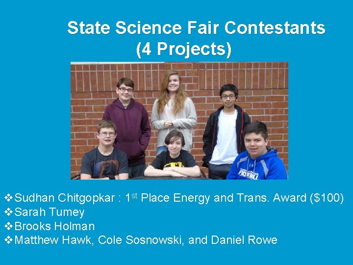  State Science Fair Contestants (4 Projects) v. Sudhan Chitgopkar : 1 st Place