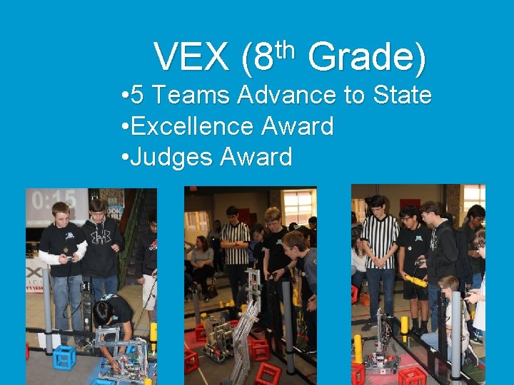 th VEX (8 Grade) • 5 Teams Advance to State • Excellence Award •