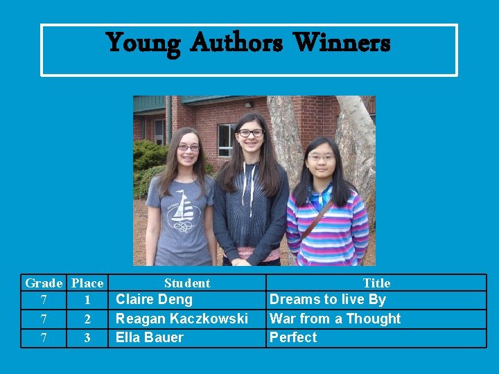 Young Authors Winners Grade Place Student Title 7 1 Claire Deng Dreams to live