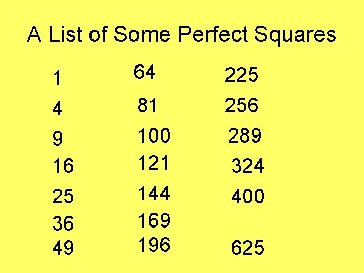 A List of Some Perfect Squares 1 4 9 16 25 36 49 64