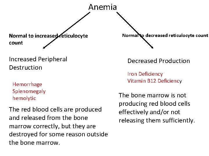 Anemia Normal to increased reticulocyte count Increased Peripheral Destruction Hemorrhage Splenomegaly hemolytic The red