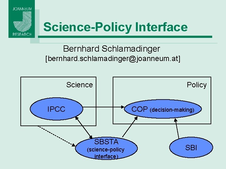 Science-Policy Interface Bernhard Schlamadinger [bernhard. schlamadinger@joanneum. at] Science Policy IPCC COP (decision-making) SBSTA (science-policy