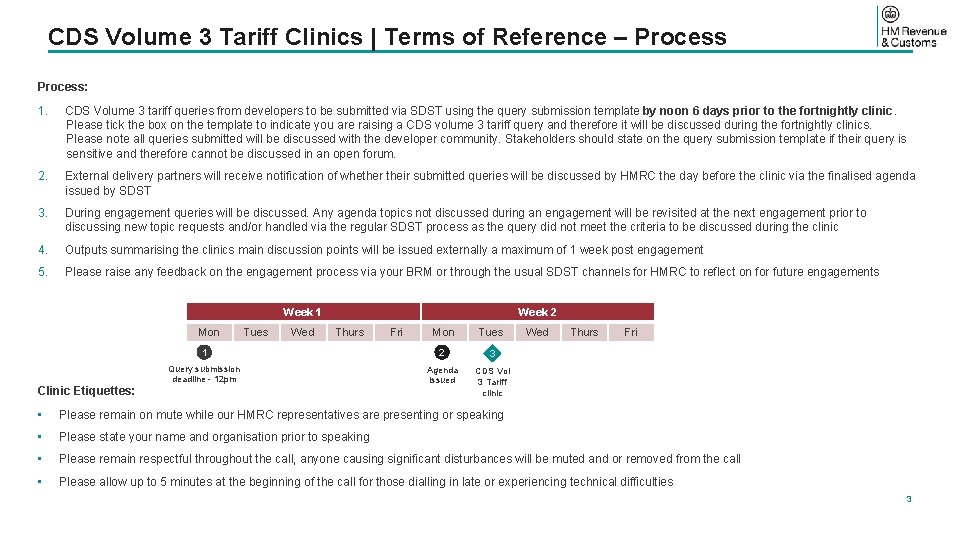 CDS Volume 3 Tariff Clinics | Terms of Reference – Process: 1. CDS Volume