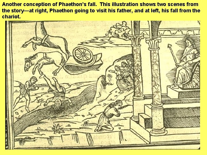 Another conception of Phaethon’s fall. This illustration shows two scenes from the story—at right,