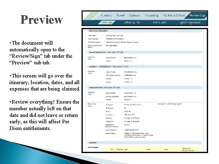 Preview • The document will automatically open to the “Review/Sign” tab under the “Preview” Preview • The document will automatically open to the “Review/Sign” tab under the “Preview”