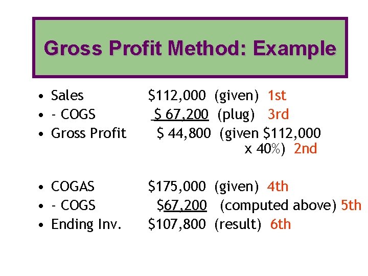 Gross Profit Method: Example • Sales • - COGS • Gross Profit $112, 000