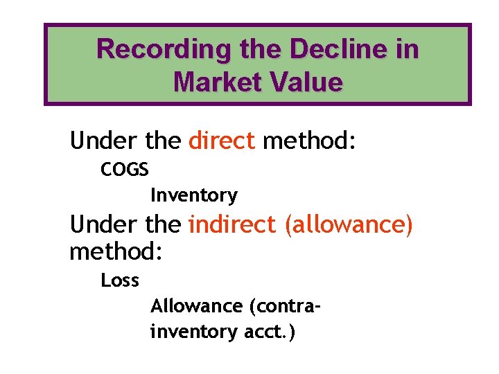 Recording the Decline in Market Value Under the direct method: COGS Inventory Under the