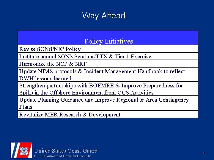 Way Ahead Policy Initiatives Revise SONS/NIC Policy Institute annual SONS Seminar/TTX & Tier 1