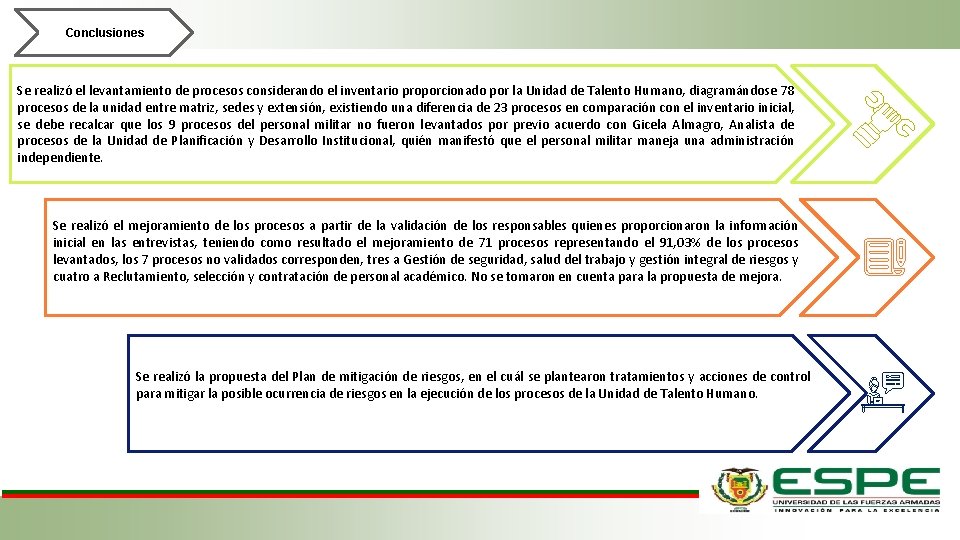 Conclusiones Se realizó el levantamiento de procesos considerando el inventario proporcionado por la Unidad