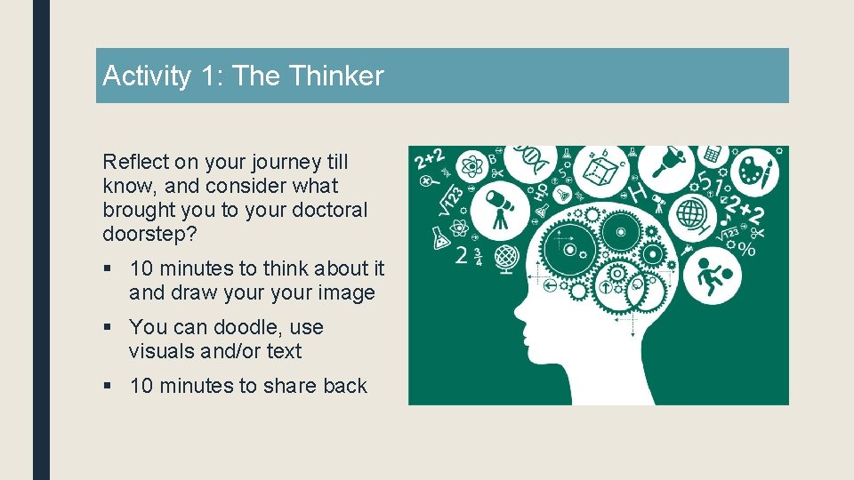 Activity 1: The Thinker Reflect on your journey till know, and consider what brought