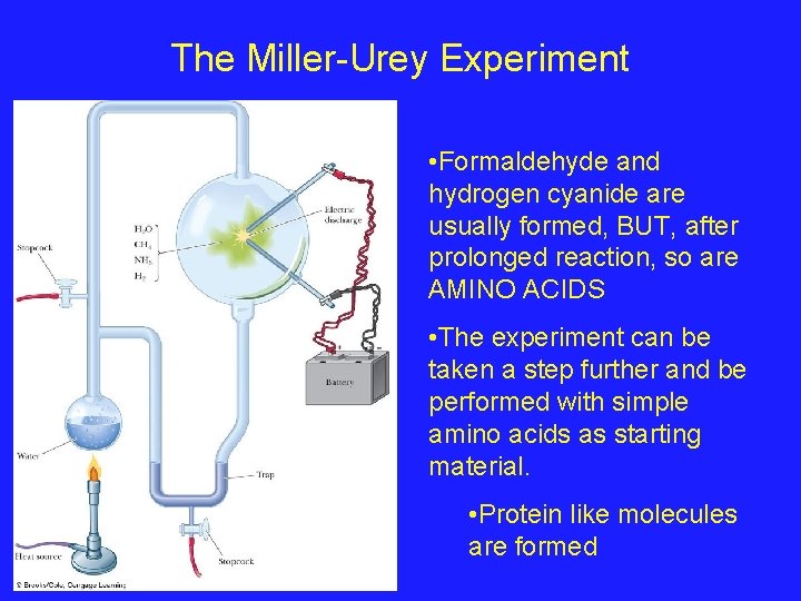 The Miller-Urey Experiment • Formaldehyde and hydrogen cyanide are usually formed, BUT, after prolonged