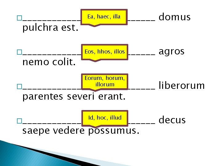 Ea, haec, illa �______________ domus Eos, hhos, illos �______________ agros pulchra est. nemo colit.