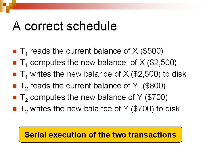 A correct schedule n n n T 1 reads the current balance of X