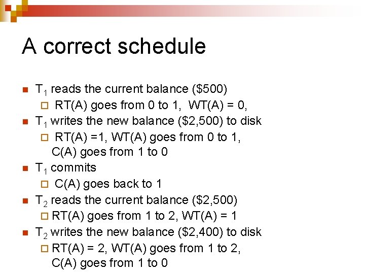 A correct schedule n n n T 1 reads the current balance ($500) ¨