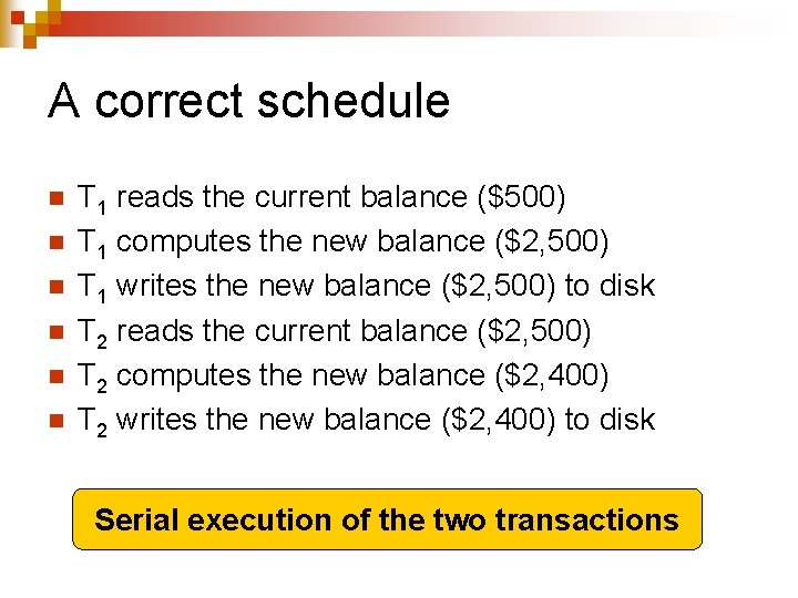 A correct schedule n n n T 1 reads the current balance ($500) T