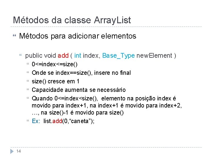 Métodos da classe Array. List Métodos para adicionar elementos public void add ( int