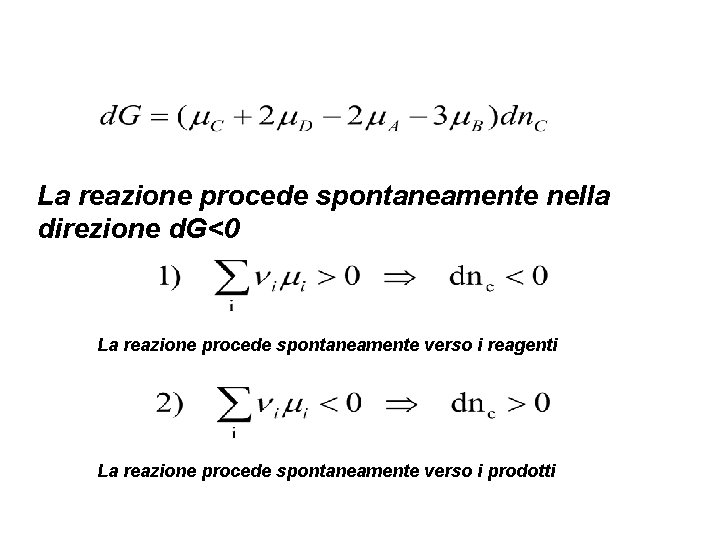 La reazione procede spontaneamente nella direzione d. G<0 La reazione procede spontaneamente verso i