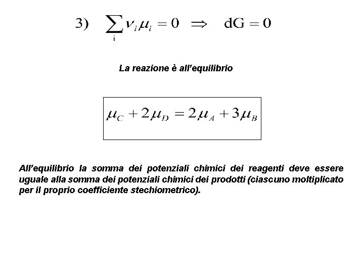 La reazione è all’equilibrio All’equilibrio la somma dei potenziali chimici dei reagenti deve essere