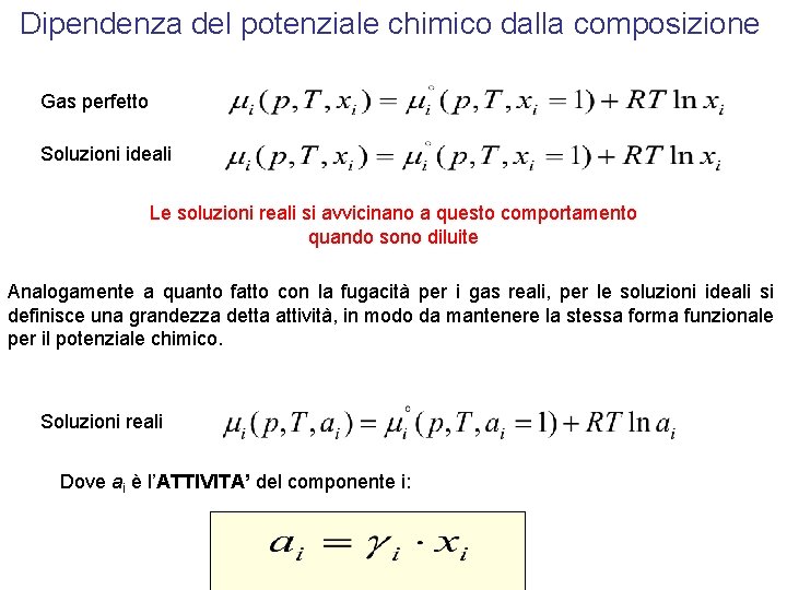 Dipendenza del potenziale chimico dalla composizione Gas perfetto Soluzioni ideali Le soluzioni reali si